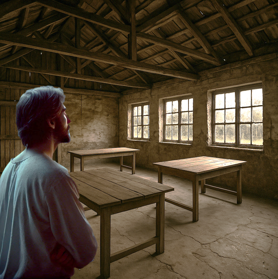 man in schuur met tafels